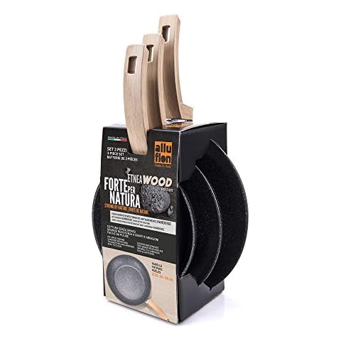 ALLUFLON Etnea Wood Anti-Haft Bratpfanne Set 20-24-28, Aluminium, Schwarz - Stein Optik 28 cm Cover