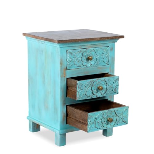 Image of Wooden Bedside Table for Bedroom | Solid Wood Phena Bedside Table with Drawers | Corner Side Table for Living Room | Traditional Handcrafted Furniture for Home Decor (Light Blue Distress)