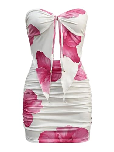 WDIRARA Women's Vacation Floral 2 Piece Mini Skirt Set Strapless Tube Top and Bodycon Outfits White Large