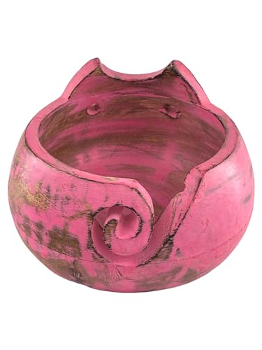 Image of Wooden Yarn Bowl for Crocheting Handmade Wool Storage Yarn Bowl with Holes Knitting Gifts for Women Crochet Accessories (5 inch x 3.5 inch - Pink)