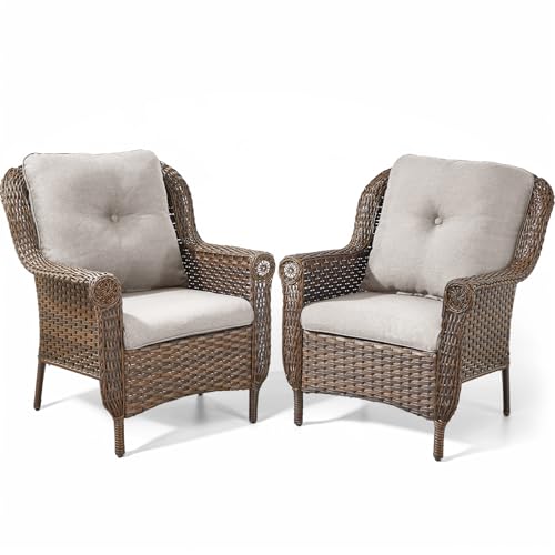 ACTREST Patio Wicker Chairs Outdoor Furniture Chair - Set of 2 Outside All Weather Lawn Dining Brown Rattan Armchair with High Back&Deep Seating for Deck Porch Balcony Backyard Garden - Beige