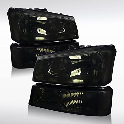 Autozensation Compatible with 2003-2007 Chevy Silverado 2003-2006 Chevy Avalanche Headlight Smoke + Bumper Lights Lamps W/Clear Reflector L + R Pair