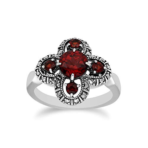 Image of Gemondo USA 925 Sterling Silver Marcasite & Garnet Flower Ring Size 7, 8, and 9