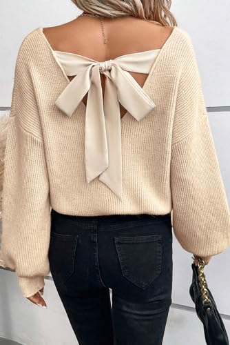 Womens Bow Back Sweater Sexy Off The Shoulder Pullover Sweaters Oversized Long Sleeve V Neck Knit Tops3
