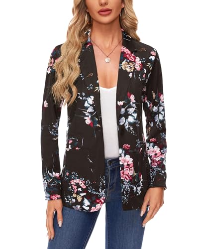 MINTLIMIT Women Jacket Blazers Casual Button Front Lapel Collar Stretchy Long Sleeve Blazer Suit Jacket Formal Work Office,M,Floral Black