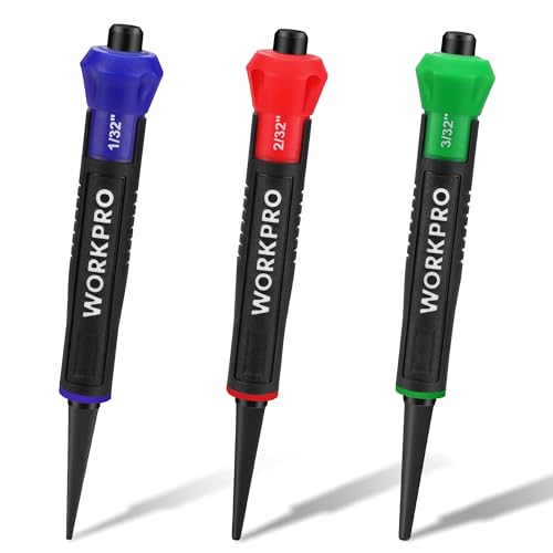 WORKPRO 3-Piece Nail Punch Set, Includes 1/32", 1/16", 3/32" Nail Setter, Color Coded Nail Set Tool with Shock-Absorbing Grip by WORKPRO - Used condition - US$11.48
