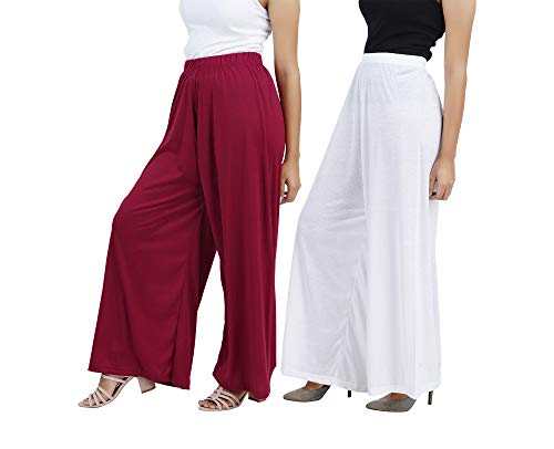Image of Buy That Trendz M to 4XL Cotton Viscose Loose Fit Flared Wide Leg Palazzo Pants for Women Maroon White Combo Pack of 2