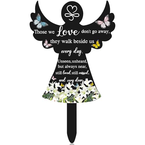 Kigley Memorial Stakes Grave Metal Memorial Stakes Grave Decorations Lily and Butterfly Decor Remember Me for Loss of Mother Father Stake Markers for Outdoors Waterproof Garden Yard (Angel)