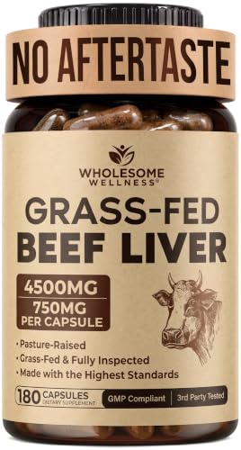 Wholesome Wellness Grass Fed Desiccated Beef Liver Capsules (180 Pills, 750mg Each) - Natural Iron, Vitamin A, B12 for Energy - Raised Undefatted in New Zealand Without Hormones or Chemicals
