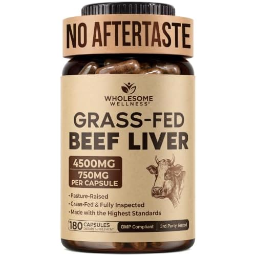 Wholesome Wellness Grass Fed Desiccated Beef Liver Capsules (180 Pills, 750mg Each)…