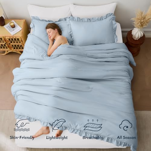 Image of FUANNA Queen Comforter Set Grayish Blue, 3 Pieces Ruffle Queen Bed Set, Fluffy Bed in a Bag Queen for All Seasons, Shabby Chic Bedding Comforter Sets with 1 Lightweight Comforter & 2 Pillowshams