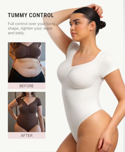 Image of FeelinGirl Short Sleeve Shapewear Bodysuit for Women V Neck Tummy Control | Sweetheart Neckline, Seamless, Going Out Tops, Thong, Plus Size, Soft