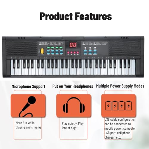 Teclado Piano 61 Teclas Teclado de Piano Digital con Micrófono Cable USB Altavoces Duales para Niños Principiantes