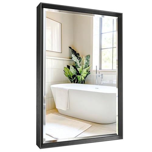 Black Bathroom Mirror, 16''x 24'' Beveled Bathroom Mirror for Wall, Anti-Rust Black Framed Mirror for Bathroom Living Room Decor, Rectangle Black Mirror for Wall Decorative