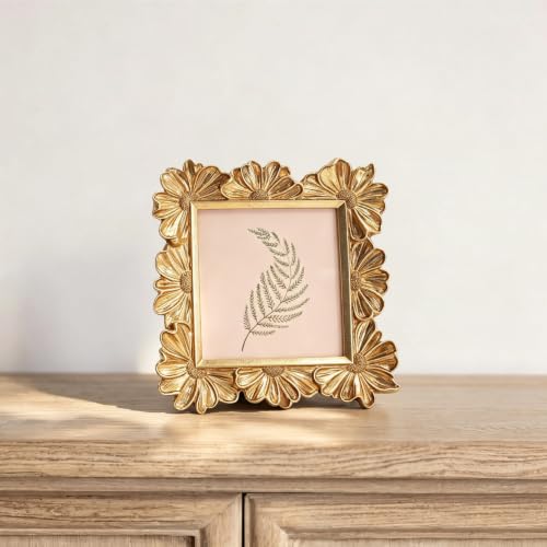 Image of Antique Floral Picture Frame - Resin & Glass Victorian-Style Frame for Tabletop or Wall Decor (Gold, 4 inch x 4 inch)