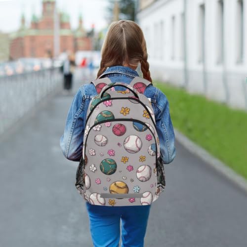Sac à dos école imprimé baseball et fleurs roses résistant