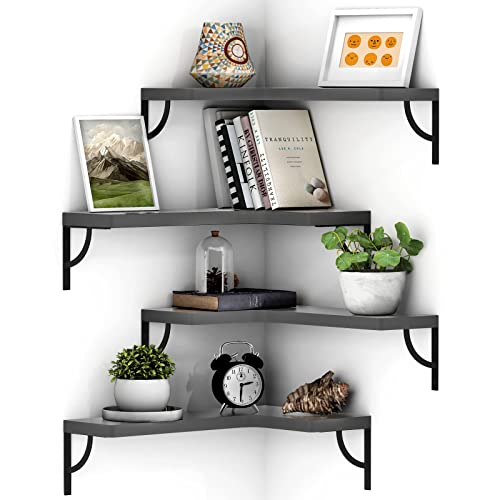 Grey Corner Floating Shelf Wall Mount 4 Tier Wood Floating Shelves, Easy-to-Assemble Tiered Wall Storage, Wall Organizer for Bedrooms, Bathrooms, Kitchens, Offices, and Living Rooms