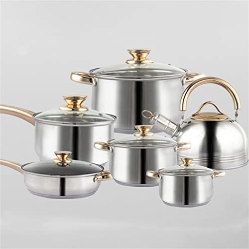 Batería de Cocina de 12 Piezas de Acero Inoxidable Espesado, Olla de Cocina, Estufa de Gas electromagnética, sartén, Juego de Olla para Leche, silios de Cocina (Color: A, tamaño A)