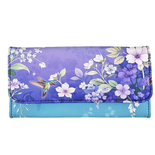 Image of AFPANQZ Women's PU Leather Three Fold Wallet, Hummingbird Flower Gradient Long Trifold Clutch Purse, Credit Card Money Organizer with ID Window