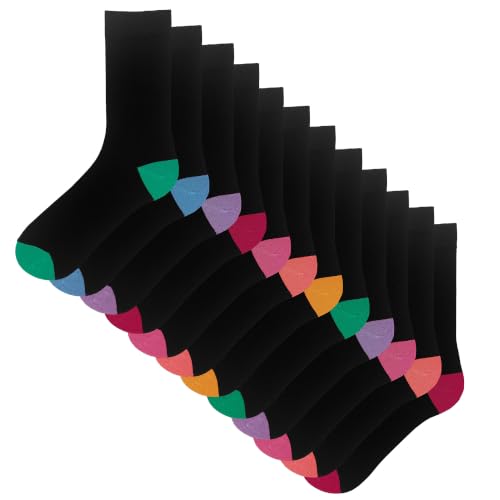 The Essentials Wardrobe Ladies 12 Pack Contrast H&T Socks - UK 4-8/EU 37-41 - Black