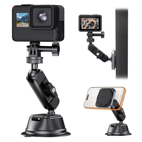 1Zero Dual Suction Cup Car Mount for GoPro Action Camera & Phone Magnetic Mount for Go Pro 3-in-1 Car Phone Holder for Magsafe Compatible with GoPro Hero13/12/11/10/9 Insta 360 DJI Osmo Action