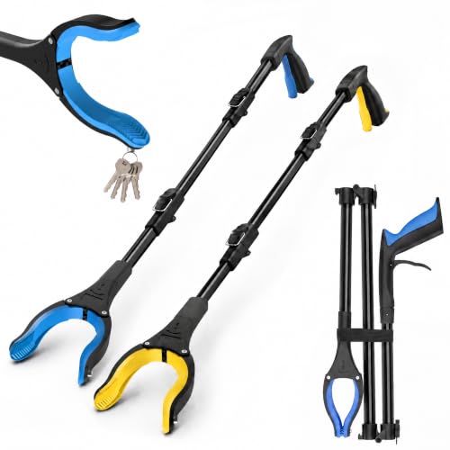 2Pack Extra Long Grabber Reacher Tool，Foldable Trash Pick Up Stick for Seniors with Strong Grip Magnetic，360°Rotating Anti-Slip Jaw 4" Wide Claw Opening,Hand Grabber (YellowBlack+Blueblack, 44INCH)