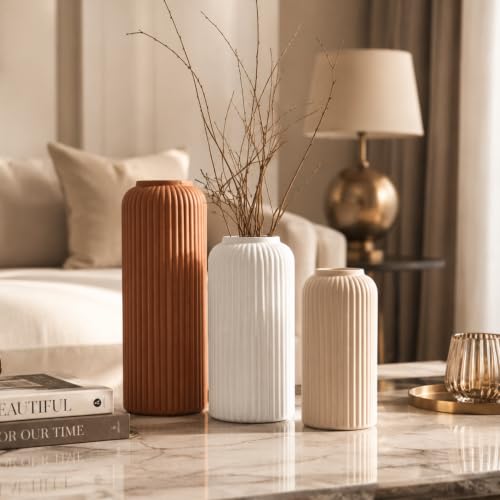 Image of KREATIVE ART'S Ribbed Ceramic Flower Vase Set of 3 -Earthly Tone | Ceramic Vases for Home Decor, Home Decor Items for Living Room, (Terracotta, White & Nude Beige Vases -Set of 3 pcs)