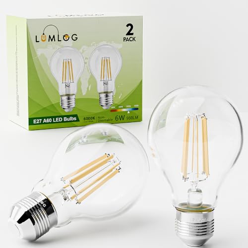 Lumlog A60 E27 LED Vintage Light Bulbs Cool White 6000K, 6W Edison Screw LED Filament Bulb 60W Equivalent, Energy Saving Non-Dimmable 980LM 2Pack [Energy Class C]