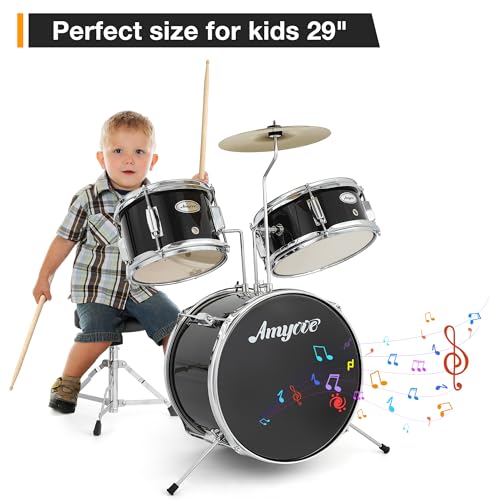 GarveeHome Kids Drum Set, 3 Piece Junior Drum Set with with Cymbal, Tom, Bass Drum, Drumsticks, Bass Pedal and Drum Stool, Beginner Musical Instruments for Kids Boys and Girls, Black by GarveeHome - Image 2