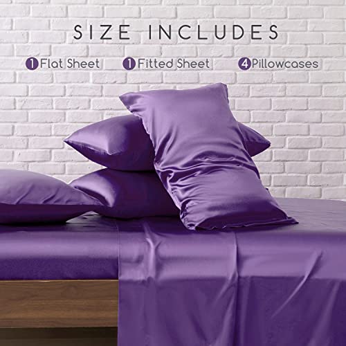 Image of MR&HM Satin Bed Sheets, King Size Sheets Set, 6 Pcs Silky Bedding Set with 15 Inches Deep Pocket for Mattress (King, Lavender)