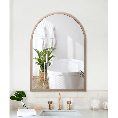Image of Large Arch Wall Mirror Bathroom Mirror Brass 26 inchx18 inch Metal Framed Mirror, Arched Wall Mounted Vanity Mirror for Bedroom, Living Room, Entryway
