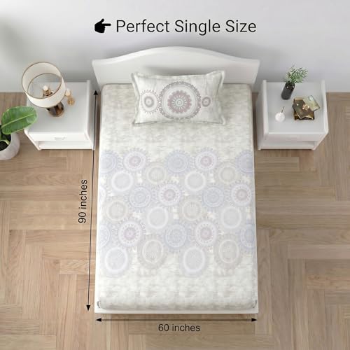 Image of Mafatlal 186 TC Spring Glory Graceful Pure Cotton Single Flatsheet (60 x 90 Inch) | Breathable Summer Comfort | Wrinkle-Free Floral Bedsheet with 1 Pillow Cover, Floral White