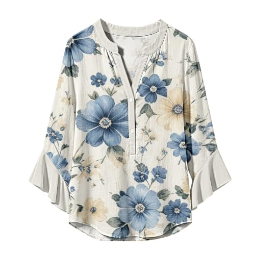 Women's Ruffle Sleeve Boho Flowy Blouse Henley Button Neck Tops - image 4