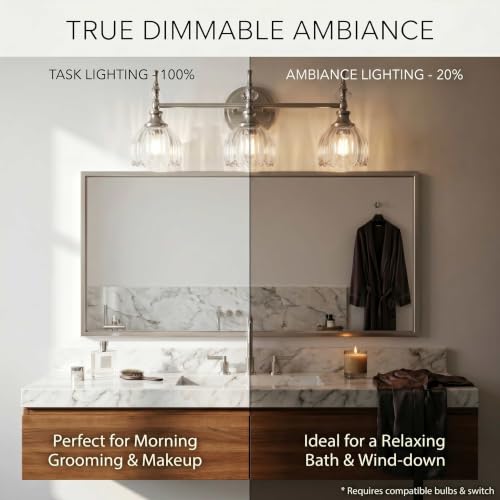 Image of ANDY STAR 3-Light Brushed Nickel Bathroom Vanity Light, Transitional Sconce | Ribbed Glass & Crystal Accent, Damp-Resistant, Ceramic E12 Base, Reversible Up /Down Mounting
