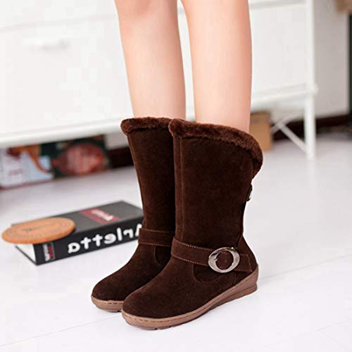Mistu Women's Winter Fur Mid Calf Snow Boots Suede Buckle Slip On Platform Low Heel Warm Cotton Snow Boot #TOP3