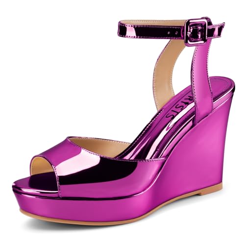Image of Women's Dressy Platform Wedge Sandals Gold Wedges Peep Toe Patent High Heels Slingback Heeled Comfortable Ankle Strap Shoes
