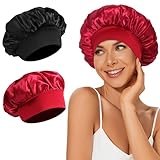 2Pcs Satin Bonnet Silk Bonnet, Hair Bonnet for Sleeping, Elastic Wide Band Silk Sleep Cap, Soft and Breathable(Black Red)
