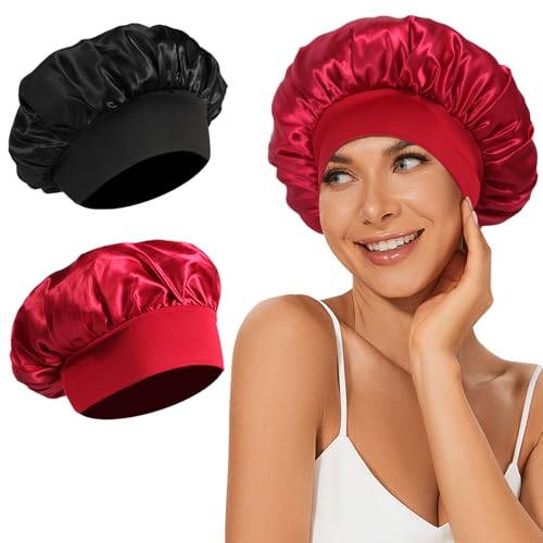 2Pcs Satin Bonnet Silk Bonnet, Hair Bonnet for Sleeping, Elastic Wide Band Silk Sleep Cap, Soft and Breathable(Black Red)