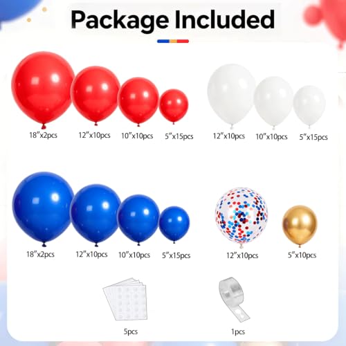 Image of Red White Blue Balloons Arch kit, Royal Blue Gold whit Confetti,129 Pcs