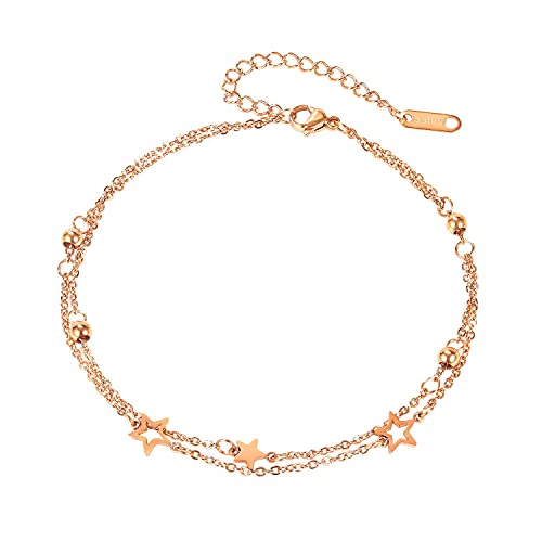 Rosegold Damen Fußkettchen aus Titan Edelstahl Layered Fußkette mit Star Anhängern Doppelt Kette Fussketten mit Kugeln für Frauen Cover