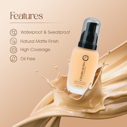 Image of Colors Queen Ultra Definition Liquid Foundation, Lightweight & Long Lasting Full Coverage with Dewy Finish, Easy to Blend, Waterproof & Sweat Proof for Face Makeup, Natural Ivory, 30ml