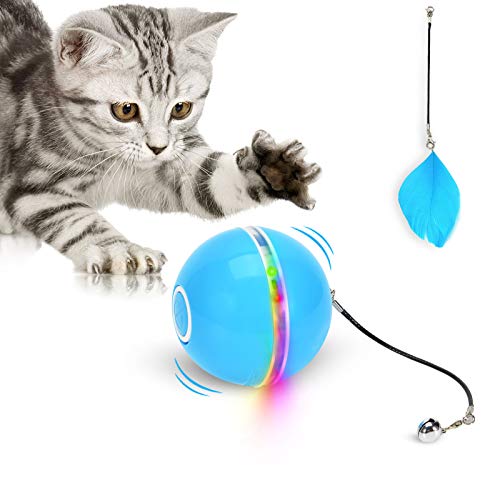 WWVVPET Juguete para Gatos 2023, Bola de Juguetes con luz LED, rotación automática de 360 Grados y Carga USB, Juguete Interactivo para Gatos, para Mascotas Perro Gatitos (Actualización Azul)