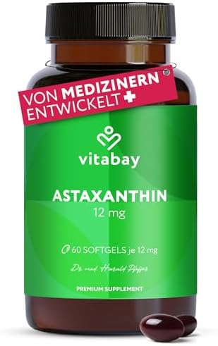 Vitabay Astaxanthin 12 mg hochdosiert – 90 vegane Softgel-Kapseln | laborgeprüft & ohne Zusatzstoffe – Premium-Rohstoff aus Haematococcus pluvialis Algenextrakt – 6 Monate Vorrat