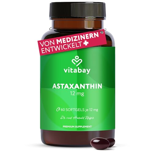Vitabay Astaxanthin 12 mg hochdosiert – 90 vegane Softgel-Kapseln – laborgeprüft & ohne Zusatzstoffe – Premium-Rohstoff natürlich gewonnen aus Haematococcus pluvialis Algenextrakt – 6 Monate Vorrat