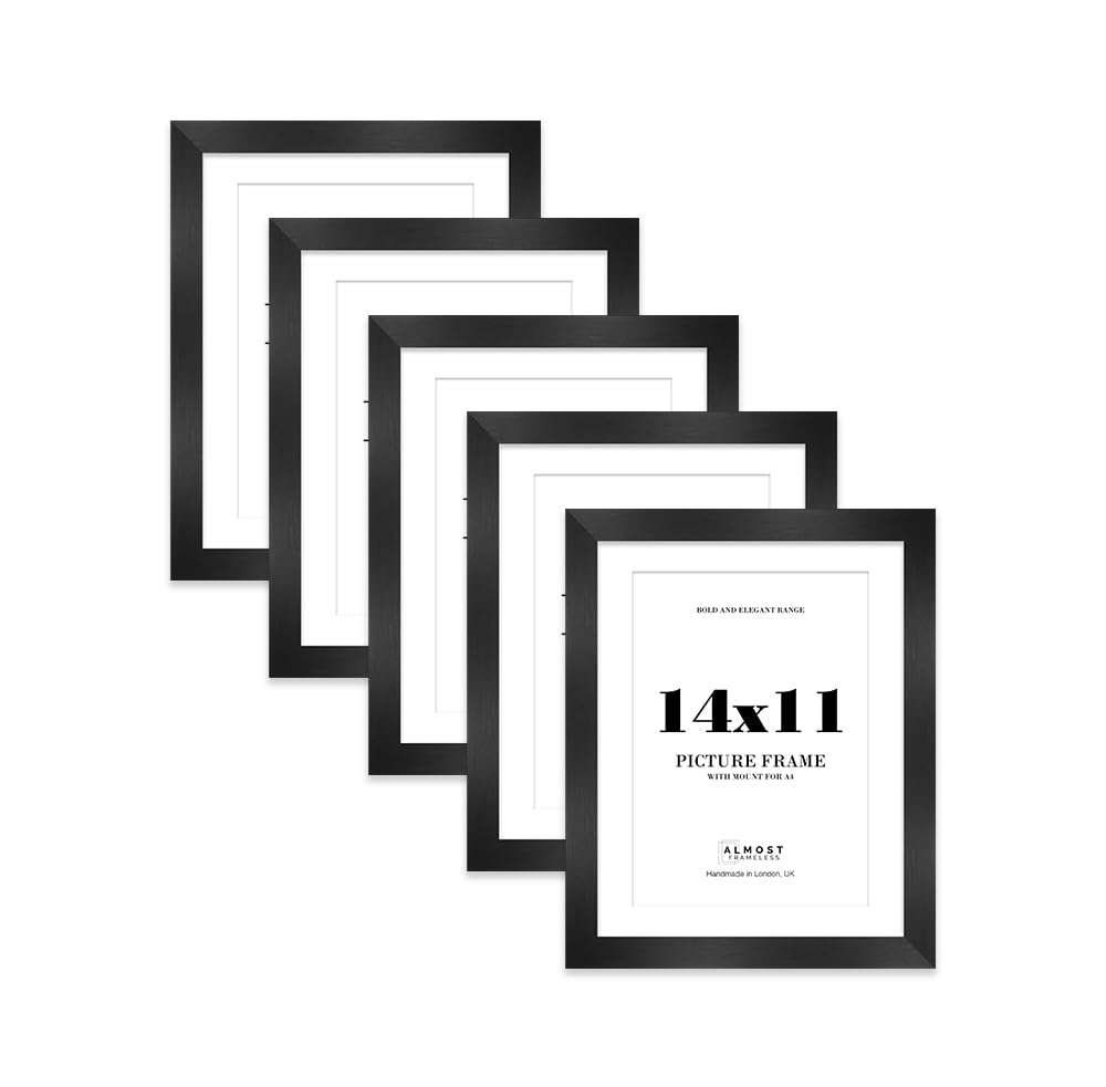 14x11 Black Frame With Mount for A4 Pictures 28mm Edge Portrait and Landscape Display with Wall Hooks and Kickstand, 5 Pack