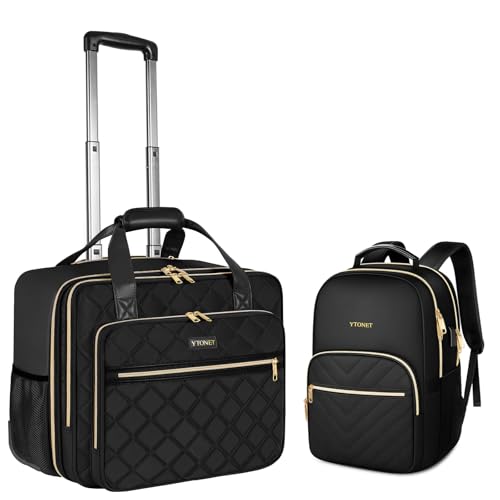 Ytonet Rolling Briefcase for Women, 2pcs Set 15.6 Inch Travel Backpack with 17.3 Inch Rolling Laptop Bag, Large Roller Laptop Briefcase with Wheels, Water Resistant Roller Teacher Bag for work, Black