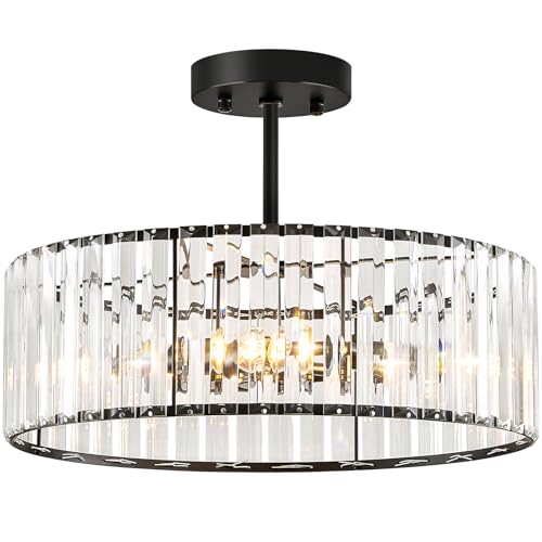 Pevfah Crystal Black Ceiling Light, Modern Semi Flush Mount Ceiling