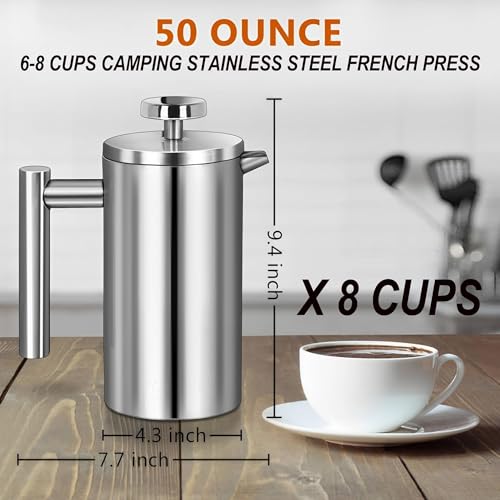 Image of Large French Press Coffee Maker 50oz (1.5L), 304 Stainless Steel Double Wall Insulated Coffee Press for Camping, Backpacking, Party, Travel, Gift Set, Dishwasher Safe (Silver, 6-8 Cups)