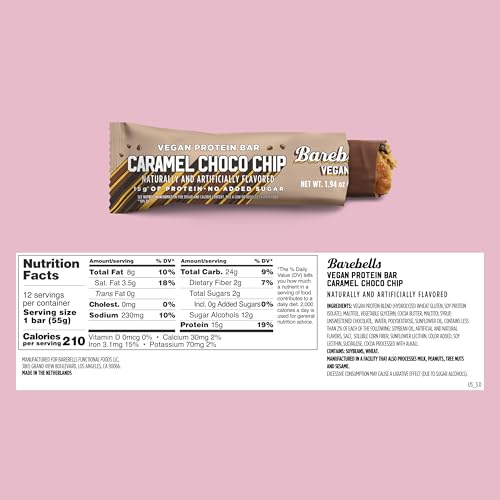 Image of Barebells Vegan Protein Bars Caramel Choco Chip, Plant Based with High Protein - Chocolate Protein Bars - Perfect on The Go Protein Snack & Breakfast Bars 12 Count (Pack of 1)