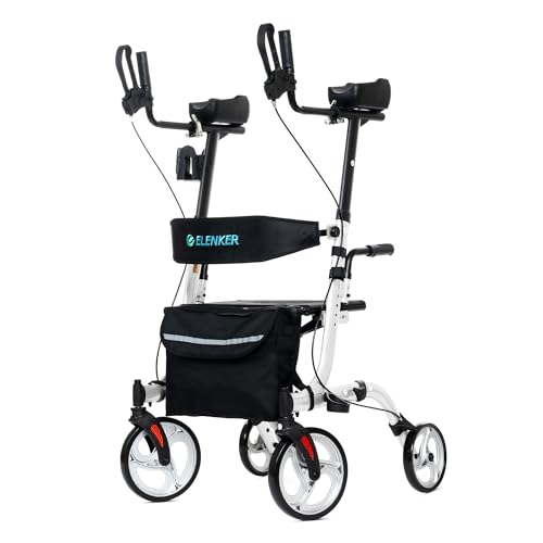 ELENKER Upright Walker, Stand Up Folding Rollator Walker Back Erect Rolling Mobility Walking Aid with Backrest Seat Padded Armrests for Seniors and Adults,White